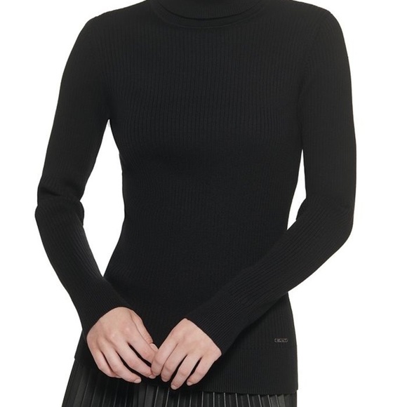 DKNY Women's Turtleneck Ribbed Cutout Sweater Dress Black Size Large